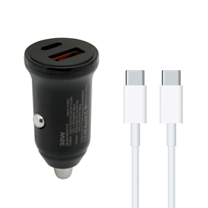 Slika od Auto punjac 30W USB-A + Type-C ulaz sa Type-C na Type-C kablom sivi