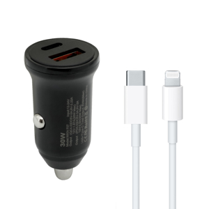Slika od Auto punjac 30W USB-A + Type-C ulaz sa Type-C na Lightning kablom sivi